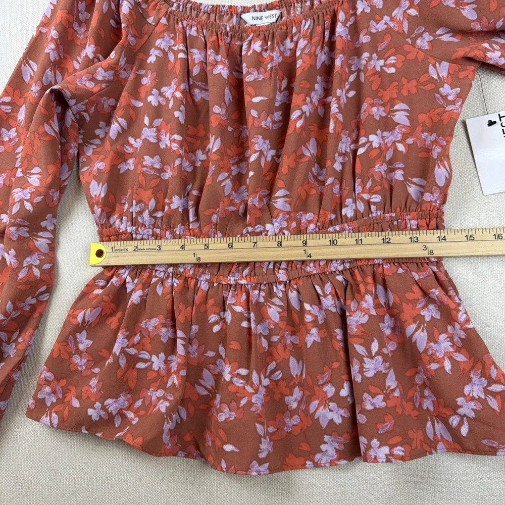NWT Nine West Women's Peplum Floral‎ Blouse Size L Elastic Cuffs Smocked Waist